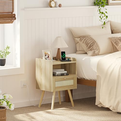 SUPERJARE Nightstands Set of 2, Night Stands with Charging Station & PE Rattan Decor Drawer, Bed Side Tables with Solid Wood Feet, End Table, for Bedroom, Living Room - Natural by SUPERJARE - Image 2