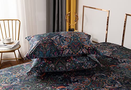 Softta Vintage Paisley Bedding Sets 4Pcs Deep Pocket Bed Sheet Set Queen Size Rustic Damask Black Flat Sheet+Fitted Sheet+2 Pillowcase Shabby Floral 100% Brushed Cotton Boho Bedding Collections thumb #5
