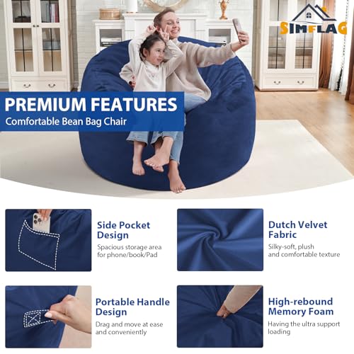3FT Bean Bag Chair, Comfy Bean Bag Chairs with Memory Foam Filled, Fluffy Beanbag Sofa with Dutch Velvet Cover, Round BeanBag Chairs for Living Room, Playroom - Blue