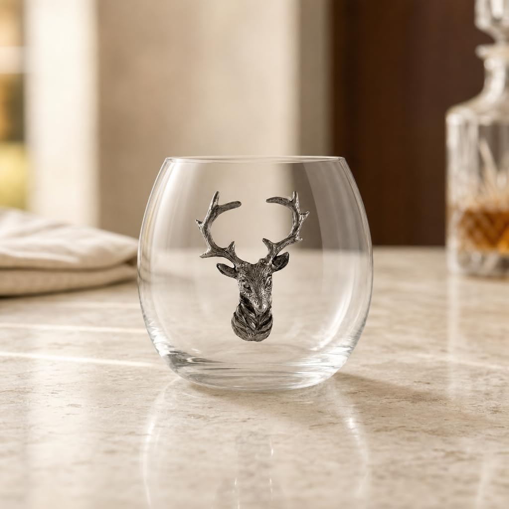 Vagabond House Copa de vino sin tallo de ciervo/alce, cristal soplado a mano de alta calidad, estilo cabaña, perfecta para vino rojo/blanco, 3.25 pulgadas de alto, 12 onzas, mejora tus degustaciones
