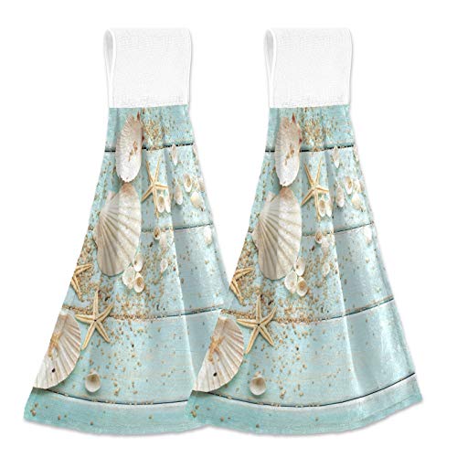 Ffyho Summer Starfish Seashells Hand Towel 2Ps Blue Board Vintage Hanging Tie Towels Loop For Kitchen Bathroom Absorbent Dish Towel Washcloth #TOP6