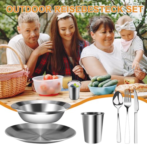 Tyafzzn Campingbesteck, 8-Teiliges Camping Picknick Besteck, Edelstahl Geschirr Set, Outdoor Reisebesteck Set mit Messer, Gabel, Löffel für Reisen, Wandern, Picknick