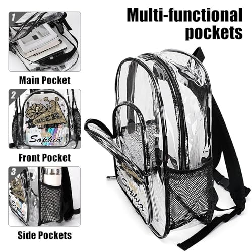 Custom Clear Cheer Kids' Backpack Large PVC Cheerleaders Cheering Sparkle Print Printing Transparent Daypack for Schools Stadium Concerts Work Clear/Old Gold Khaki Black Casual Pack4