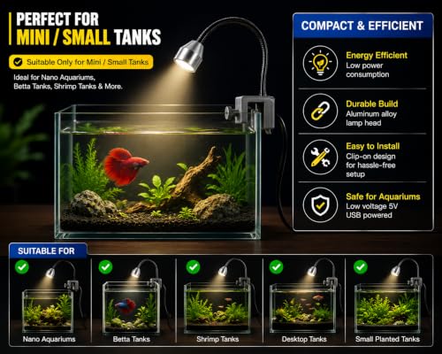 Image of Liny LY-007 USB Mini Aquarium Spotlight | 3W LED Clip-On Fish Tank Light | 5V USB Powered | Flexible Gooseneck | Aluminum Alloy Lamp Head | Fits 2-12 mm Glass