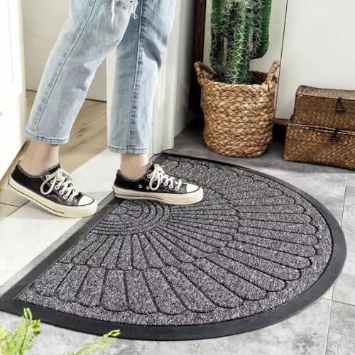 Image of Half Round Door Mat - Heavy Duty Welcome Mat for Front Door, Non-Slip Rubber Backing, Low Profile Indoor Outdoor Doormat, Semi-Circle Entry Rug for Porch, Garage, Patio, 45x75 cm
