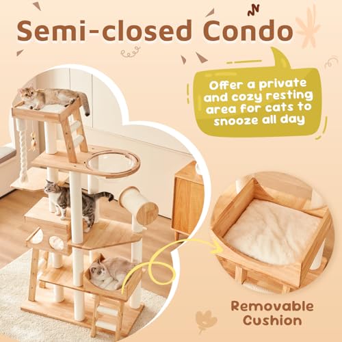 Image of Wood Cat Tree for Indoor Cats, Modern Cat Tower, Unique Cat Condo with House, Tall Luxury Furniture with Heavy Duty Wide Base, Kraft Paper Rope Scratching Post, Removable Cushion (74.8-inch)
