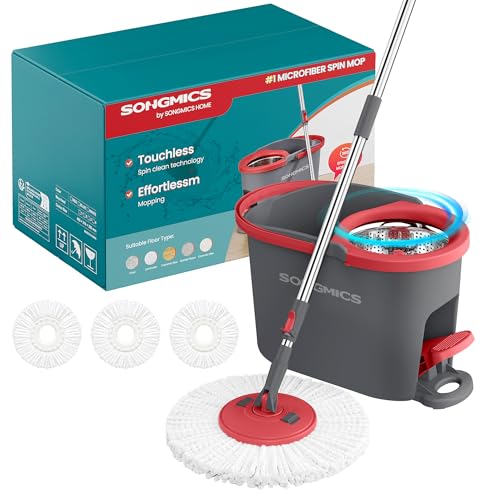 SONGMICS Juego de Fregona y Cubo, Escurridor Giratorio, Fregona, Pedal, Mango Telescópico de 122,5 a 150 cm, Cabezal Giratorio de 360°, 3 Paño de Microfibra, Gris y Rojo LMB002GT03
