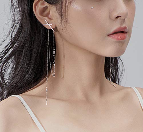 X Stud Earrings with Chain Sterling Silver Dangle Earrings Long Chain for Women Teen Girls (Silver) - Thumbnail 3