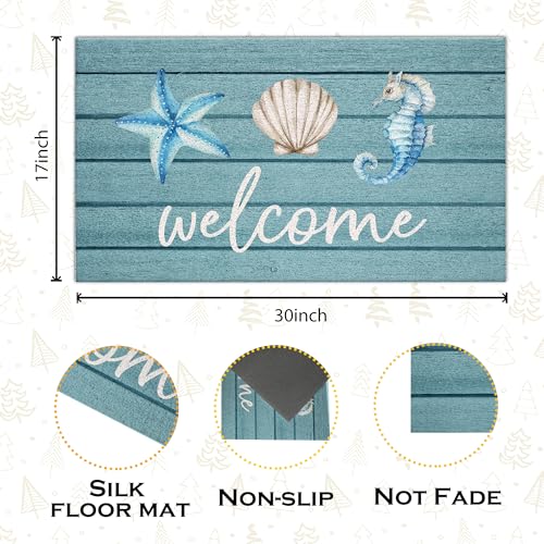 Jvpke Beach Welcome Mat for Front Door, Beach Door Mat, Starfish Seashell Seahorse Beachy Door Mats Indoor Outdoor Entrance Porch, Ocean Beachy Baths Mats for Bathroom, 17x30 Inches - Image 3