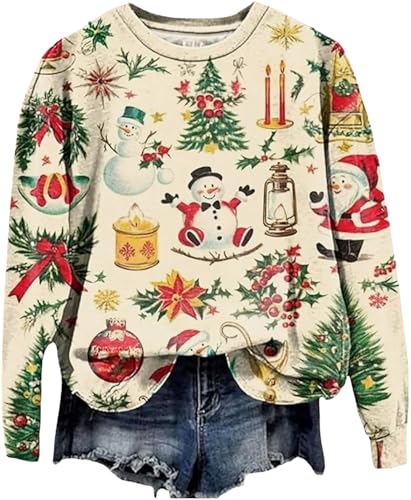 Huovud Vintage Christmas Shirts for Women Long Sleeve Vintage Santa Claus Shirts Fashion Christmas Holiday Tops (As Shown-5, XX-Large)