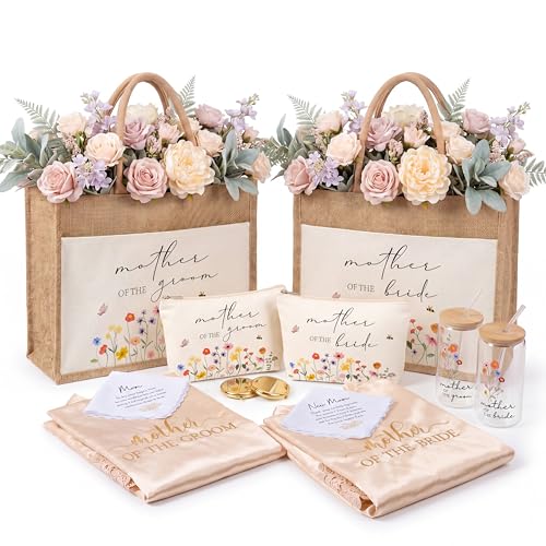 Image of Hushee 12 Pcs Mother of the Bride Groom Gift Set: Satin Robes for Women Tote Bags Makeup Bags 16oz Glass with Straws Handkerchiefs Mirrors for Mom Bridal Shower Wedding Gifts(Champagne,Daisy)