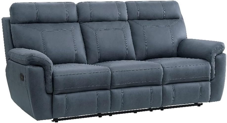 Pemberly Row 85 Inch Manual Reclining Sofa, Blue Polished Microfiber Upholstery, Solid Wood Frame, Dual Glider Reclining Ends, Drop Down Console with Cup Holders, Pillow Top Armrests, Modern Living