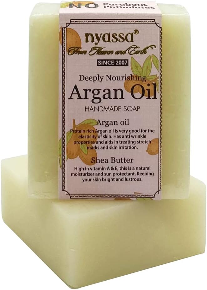 Nyassa Argan Oil Handmade Soap 75 gm with natural ingredients like pure Moroccan Argan oil known as the miracle oil, Shea butter and pine essential oil. Deeply nourishing. No Paraben, Cruelty Free