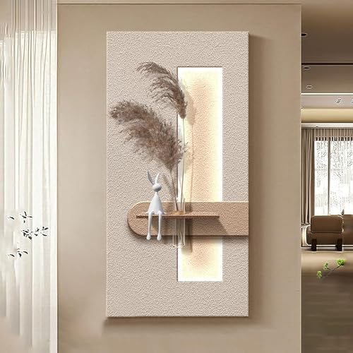 Esculturas de Pared de Piedra Arenisca con LED,Pinturas Decorativas en 3d de Entrada con Jarrón y Planta Artificial,Pasillo Mural Iluminado,Escultura de Pared decorativa(White 4,40x80cm/15.7x31.4'')