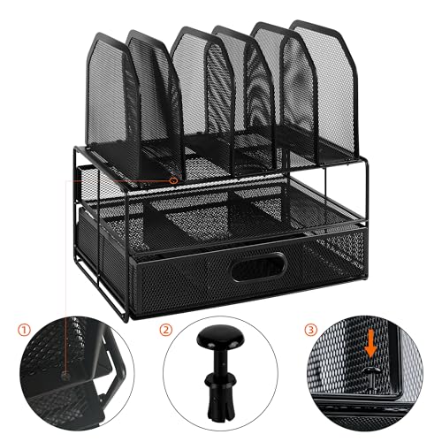 Amazon Basics Mesh Desk Organizer with Sliding Drawer, Double Tray and 5 Upright Sections, Black - Image 3
