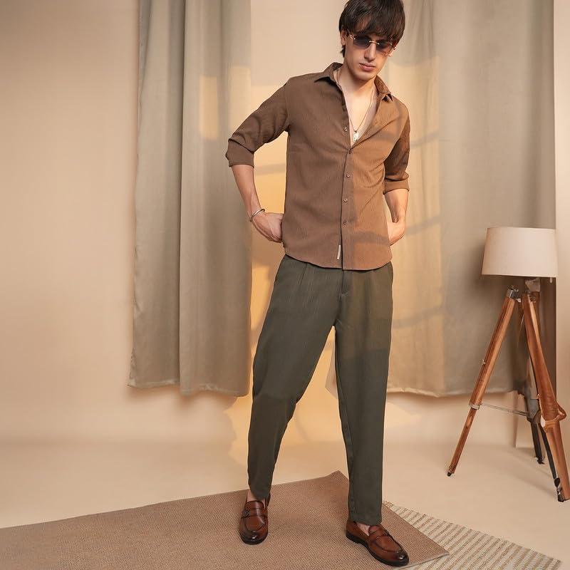 Image of CAHOOT Men's Veined-Textured Shirt | Casual Wear | Spread Collar | Long Sleeve | Button Closure | Shirt Crafted with Comfort Fit for Everyday Wear