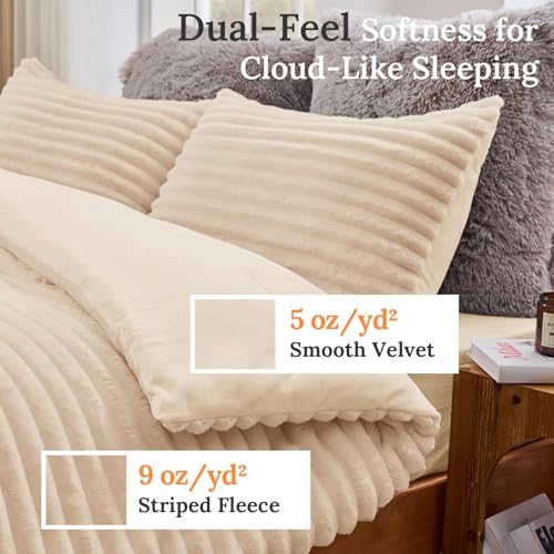 Image of Sasttie King Comforter Set 3 Pieces - Super Soft Fleece Comforters King Size, 1 Luxury Warm Fuzzy Marshmallow Comforter with 2 Pillow Cases, Faux Fur Down Alternative Bedding Set, Beige