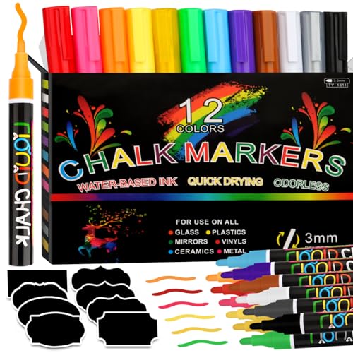 talifoca Marqueurs à craie liquide, 12 Stylo Craie Effaçable, 6mm Pointe Réversible marqueurs à craie pour tableau, tableaux noirs, fenêtre, verre à encre effaçable, Miroir, Céramique