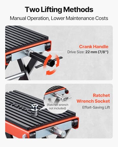 Image of VEVOR Motorcycle Lift, 1500 lbs Motorcycle Scissor Lift Jack with Wide Deck & Lock Pin, 4.13 inch-13.77 inch Center Hoist Crank Stand, Steel Scissor Jack for Street Bikes, Cruiser Bikes, Touring Motorcycles