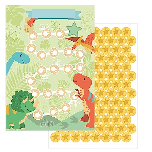 JEKA Belohnungstafel Kinder Dino - 10 Stück mit Sternen-Stickern zur Motivation bei Haushaltsaufgaben Hausaufgaben Töpfchentraining Zähneputzen - Aufgabentafel für Kinder für Gute Gewohnheiten