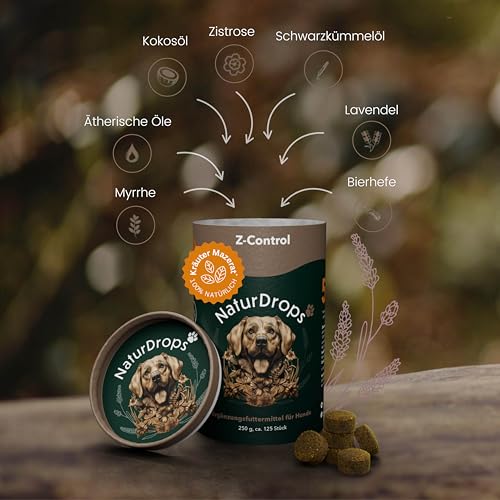 NaturDrops Z-Control Hundesnacks mit Funktion 125 Stück, fermentierte Kräuter, Schutzkomplex aus Kokosöl, Zistrose, Schwarzkümmelöl, Lavendel zur Zeckenabwehr, 100% natürlich - 250 g