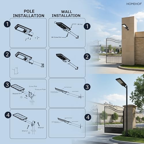 Image of Homehop Solar Light Outdoor Home Garden 100W Street Motion Sensor Security | Solar Street Light Outdoor Waterproof Automatic LED Wall Lamp for Yard, Patio, Balcony with Pole (Cool White, 6000mAh, ABS)