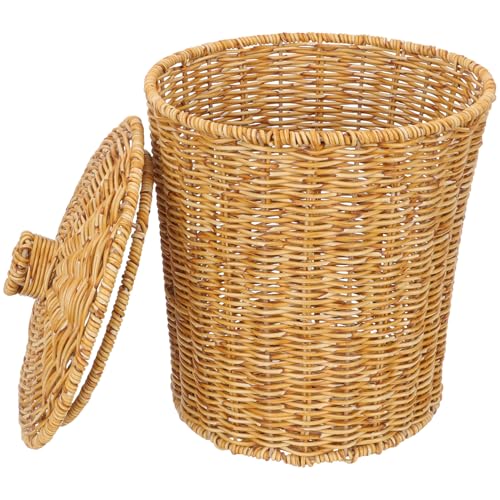 Ipetboom Cesta de Almacenamiento Tejida con Tapa Cesta Decorativa de Ratán Sintético para Dormitorio Cubo Multifuncional para Ropa Sucia y Basura para Organización Doméstica