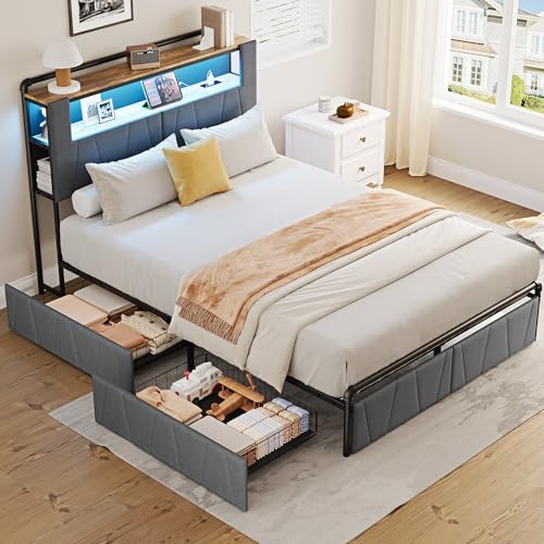 Image of Queen Bed Frame with 3 Tiers Storage Headboard, Upholstered Footboard, 2 Drawers, Platform Metal Bed Frame with Charging Station LED Light Bed Frame, Heavy Duty, No Box Spring Needed, Dark Gray