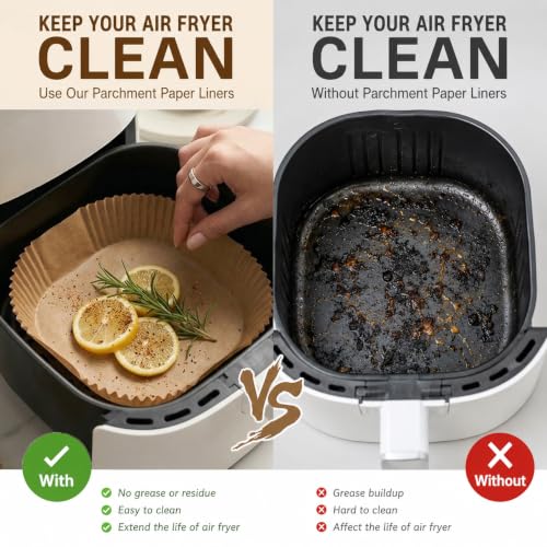 Image of 450 PCS Air Fryer Liners Disposable,Parchment Paper for 5-8 QT Air Fryer | 8 inch square air fryer liners | Non-stick & oil-proof | Heavy-duty & tear-resistant | Food-grade raw wood pulp