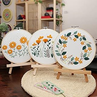 Embroidery Starter Kit for Beginners, 3 Sets Cross Stitch Kits for Adults, Include Embroidery Clothes with Cute Flowers and Plants Patterns 3 Embroidery Hoops, Threads, Needles and Instruction