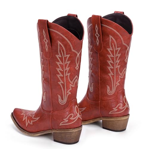 Cowboy Boots for Women - Cowgirl Boots with Embroidery, Chunky Heel Pointed Toe Pull-on Vintage Western Mid Calf Fashion Boots for Ladies4