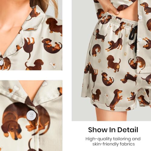 Image of Funny Pajamas for Women Set Print Satin Loungewear Pjs Short Sleeve Button Down Top and Shorts Sets Sleepwear XS-3XL