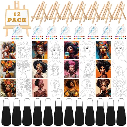 Motipuns 12 Set Afro Queen Pre Drawn Canvas for Paint for Adults