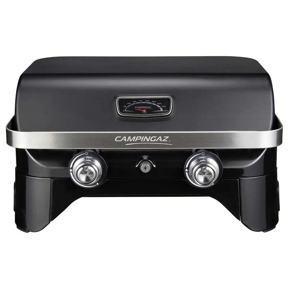 CAMPINGAZ Attitude 2100 LX Barbacoa de gas, barbacoa de mesa portátil con 2 quemadores de acero, 5 kW de potencia, para camping con tapa, termómetro y parrilla de hierro fundido, 2000038741