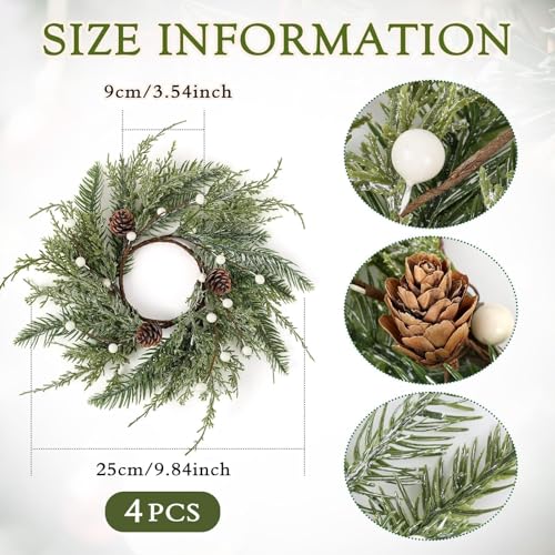 Image of 4 PCS Christmas Wreath Candle Rings Mini Wreath Pine Garland Artificial Frosted Cedar and Pine Cone Candle Rings Holder for Christmas Wedding Home Table Centerpiece Door Window Chair Wall