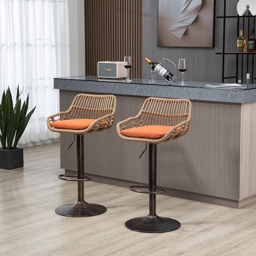 Butacos giratorios de ratán PE, ajustables en altura, set de 2 unidades, con respaldo tejido y asiento tapizado, estilo retro, color naranja miniatura 6