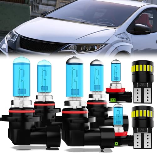 Image of Headlight Bulbs License Plate Lights Fit For Honda Civic 2014-2015 Sedan, 9005 High Beam + 9006 Low Beam + H11 Fog Lights Halogen Light Bulb + License Plate Lights, 6000K White, Pack of 8