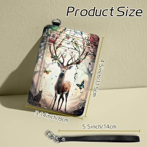 Image of Small Travel Wallets, Decorative Deer Butterfly Slim Minimalist Front Pocket Wallet with Wristlet, RFID Blocking PU Leather Credit Card Holder with ID Window Change Purse for Men Women