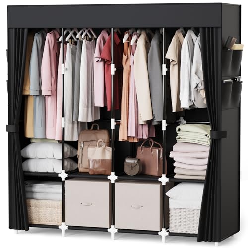 Mavivegue Armario de tela, 170 x 42 x 170 cm, armario de tela con 4 barras estables y 8 compartimentos, armario plegable, para dormitorio y sala de estar (negro)