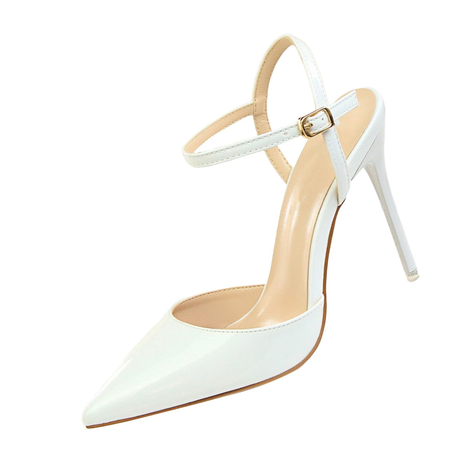 Sandali da donna con tacco, eleganti, a punta, con tacco a spillo | Sandali chiusi in pelle verniciata, con cinturino alla caviglia regolabile, scarpe da sposa per feste, discoteca, matrimoni