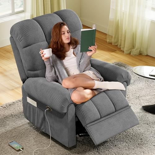 Welzona Updated Power Recliner Chair, Adjustable Electric Recliner Chairs for Adults, Ultra-Comfy Corduroy Recliner Chair for Small Space, Tool-Free Assembly, 2 Side Pockets and USB Port, Gray