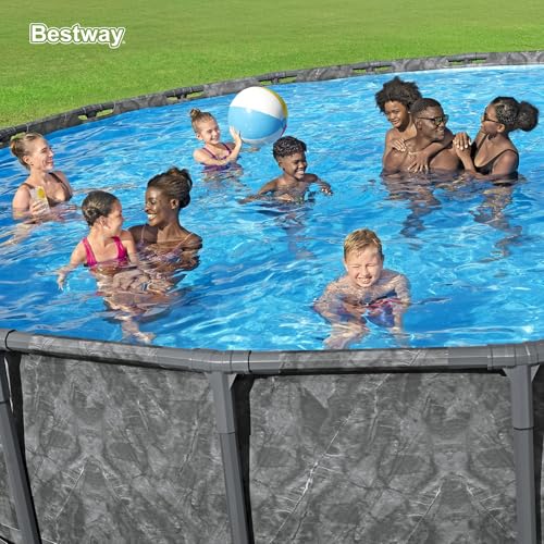 Bestway APX 365 18' x 52" Round Above Ground Swimming Pool Outdoor Backyard Framed Pool Set with Sand Filter Pump, Ladder, and Cover, Dark Marble