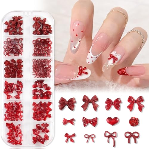 Furtherpretty Resin Burgundy Red Bow Nail Charms, 3D Cute Mini Bowknot Ribbon Flatback Nail Decorations with Heart & Rose Flower for Valentine’s Day Nail Art, Manicure Accessories with Tweezers (#1)