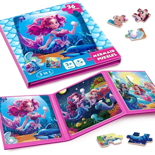 Image of Homicozy Magnetic Puzzles for Toddler Kids 3-8, Mermaid Princess Travel Toy | 36-Pieces Magnetic Puzzles for Girls Ages 3-5 4-6, Car Airplane Road Trip Activities, Quiet Screen-Free Game, Birthday Gifts