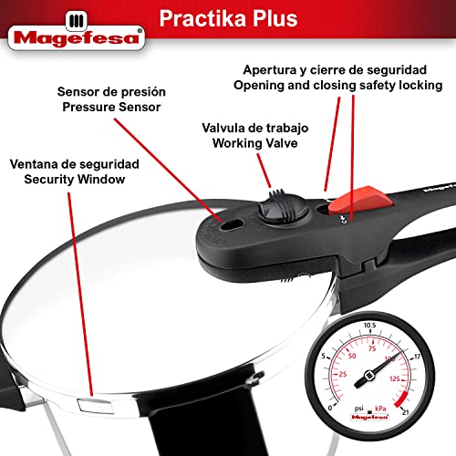 Magefesa® Practika Plus Super Fast Pressure Cooker, 6.3 Quart, 18/10 Stainless Steel, Suitable Induction, Excellent Heat Distribution, 5-Layer Encapsulated Heat Diffuser Bottom, 5 Safety Systems #TOP4