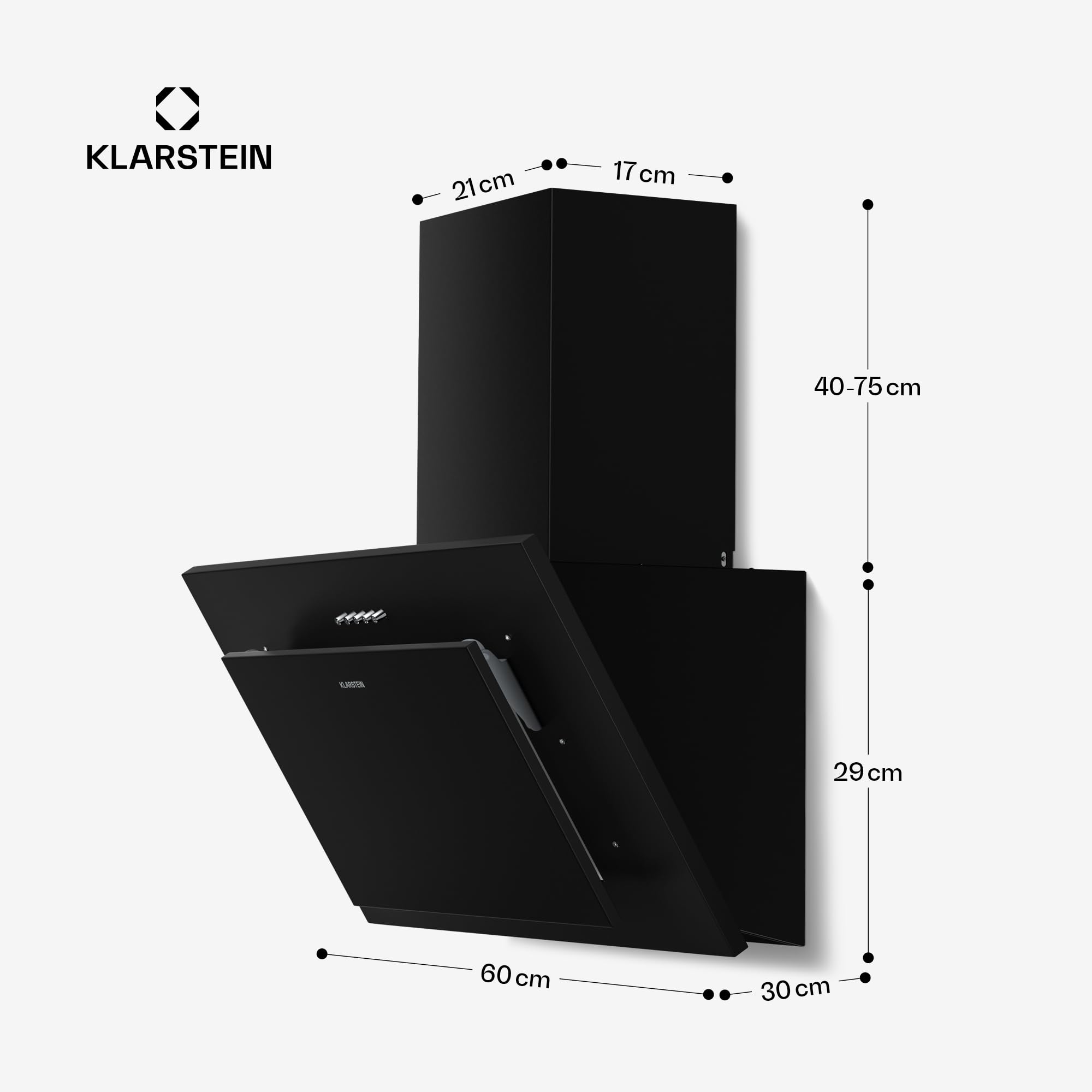 Klarstein Athena Hotte Aspirante 60 cm - Hotte Décorative Inclinée, 254 m³/h, LED, A+++, 3 Vitesses, Filtre Charbon, Silencieuse, Recyclage & Évacuation, Hotte Cuisine Moderne
