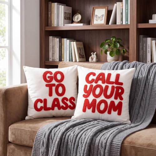 Frienda 2 Pcs Call Your Mom Pillow Covers for Dorm Back to School Decor College Gift 18 Call Your Mom and Go to Class Cushion Case Funny Cotton Linen Raised Print Dorm Accessory to Son Daughter