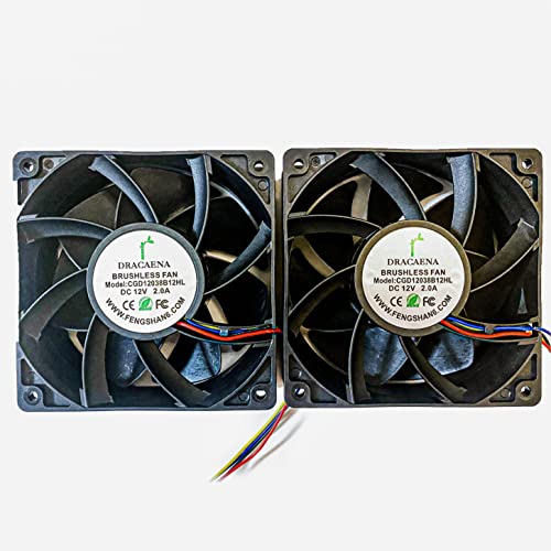 Dracaena Replacement Bitmain Fan for Antminer S9, T9, Z9, D3, E3, X3, L3+, or Other Crypto Miner, 4pin, 120X120X38mm Cooling Fan, DC12V, 2.1A, 209CFM, 5500RPM, 65.2 dBA (2 pcs per Pack)