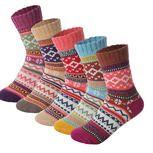 5 Pack Womens Wool Socks - Women Socks Winter Socks, Warm Thick Soft Wool Socks, Casual Comfy Wool Warm Boot Socks, Multicolor, Suitable for Christmas, Winter, Birthday