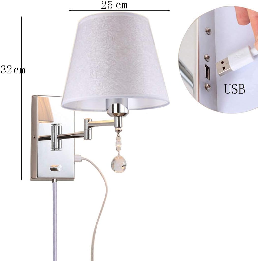 USB Charging Port Plug-in Wall Lamp with On/Off Switch Reading Swing Arm Bedside Living Room Metal + Cloth Wall Sconce (Color : Chrome Color, Size : 32cm×25cm)